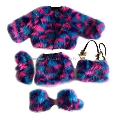 China 2020 Viable Fashion Winter Girl Furry Coats Mix Color Kids Faux Fur Jackets Matching Color Skirt And Boots for sale