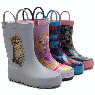 China Fashion Trend Manufacturer Children Customized Cat Printing Cute Rubber Boots Rubber Boots Raining Boots With Handle Buckle For Kids Wholesale for sale