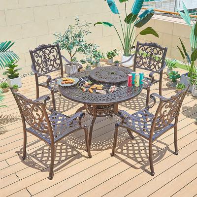 China Pool Side Cast Aluminum Dining Set with BBQ Table and Garden Chair in Black/White/Brown for sale