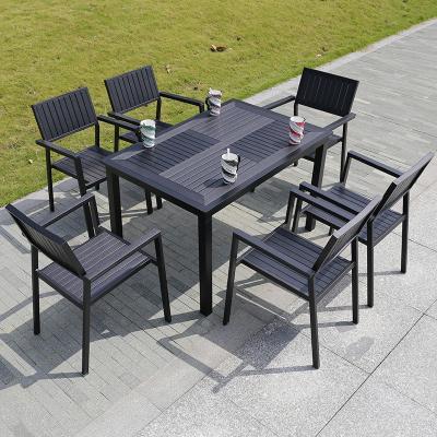 China Jardín de patio comedor de plástico muebles de madera sillas al aire libre y mesa cuadrada 6 asientos en venta