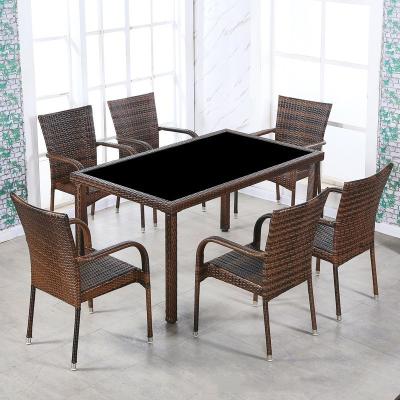 China Tuin stoel set 7 stuk wicker patio eetkamermeubilair met rechthoekige en ronde tafel Te koop