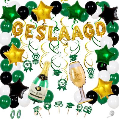 China Latex + Aluminum Foil 2022 Grad School Theme Green Graduation Theme Champagne Bottle Balloon Note Banner Swirl Party Set for sale