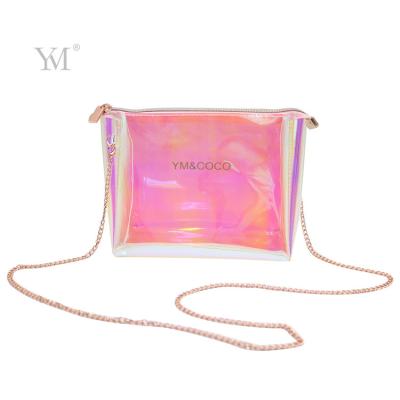 China ODM OEM fashion holographic iridescent cosmetic bag women multifunctional tpu pink travel pink clear make up bags with chain for sale