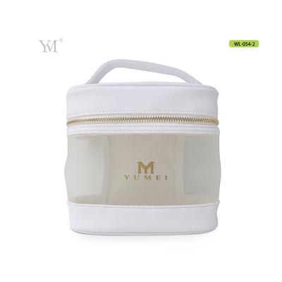 China Fashion Zipper Closure Handle White Leather Small Transparent Mesh Clear Make Up Bag for sale