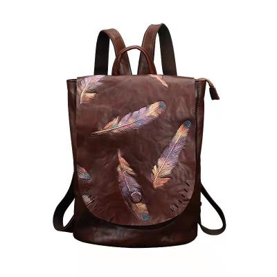 China 2022 New GPS Fashion Vintage Feather Embossed Large Capacity Backpack Top Layer Cowhide Leather Travel Bag for sale