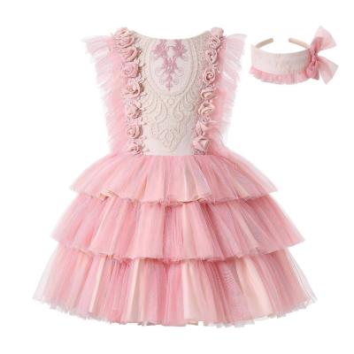 China Pink Breathable Birthday Pettigirl Formal Dresses For Girls Summer Lace Up Emebroidery Girl Dresses 10 To 12 Years With Headband for sale