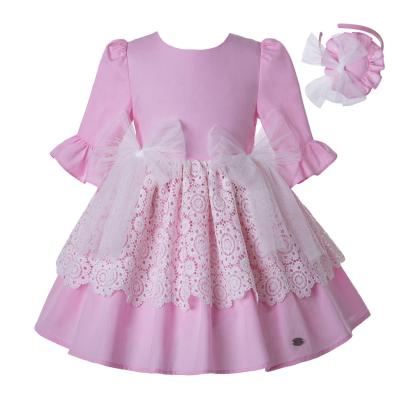 China OEM Pettigirl Breathable Casual Pink Dress White Lace With Bow Half Sheaths Little Girls Dresses Age 2-10 Y for sale