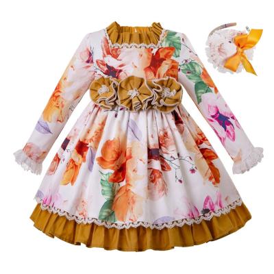 China OEM Breathable Pettigirl Girls Dresses Yellow Print Flower Dress Kids New 2021 With Headbands Wholesale Easter Fancy Dress For Girl for sale