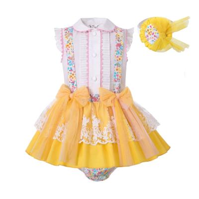 China 2021 Newest Breathable Gear OEM Pettigirl Sleeveless Easter Baby Summer Dresses Toddler Yellow Spring Dress With Headband for sale