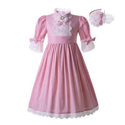 China New Pink Dot Girl Flower Dress Lace Breathable Medium Sleeve Communion OEM Pettigirl Long Dress With Headwear for sale