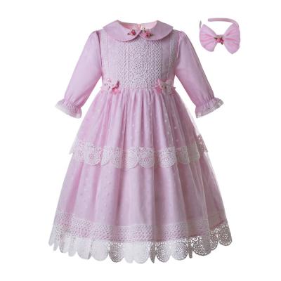 China New Dot Girl Flower Cute Breathable Lace Pink Communion Long Pettigirl Dress With Headwear Baby Wear for sale