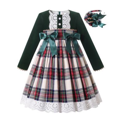 China New 2021 Children Girls Plaid School Dresses Vintage Breathable Green Formal Kids Clothing Size 2345681012Y Spanish Headband for sale