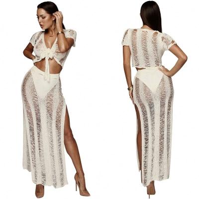 China JSNC411 Latest Factory Breathable Hollow Perspective Knitted Skirt Two Piece Beach Cover Up for sale