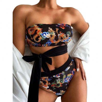 China Breathable Breathable Customize Logo Dragon Printing High Waist Bikini Swimwear Women Vintage Biquini 2020 Swimsuit for sale