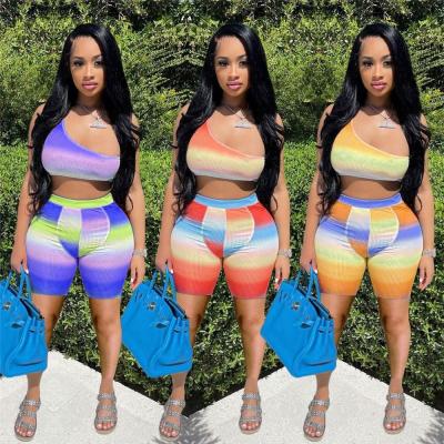 China EB-20030809 2021 Women Stripe Patchwork Patchwork Breathable Biker Top Shorts Summer New Arrival Breathable Crop Two Piece Joggers Set 2 Piece Yoga Set for sale