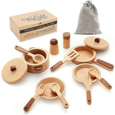 China Educational Preschool Toys Play Kitchen Accessories, Wooden Play Set Cookware Plates Dishes Play Kitchen Toys Filter Pots Cook Sets 14 Montessori Pieces for sale