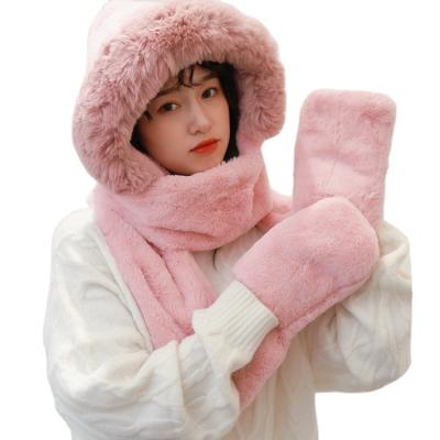 China Three-Piece Suit Scarf Winter Hat Glove Women's Long Velvet Plush Warm Riding Cycling Hats for sale