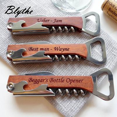 China Viable New Design Wooden Logo Printing Metal Personal Custom Bottle Openers Turning Handle Wine Laser Opener Empty Wooden Bottle Opener for sale