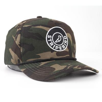 China Custom Fashion 5 Panel COMMON Hat With Rope On The Edge Camouflage Baseball Cap Golf Rope Hat for sale