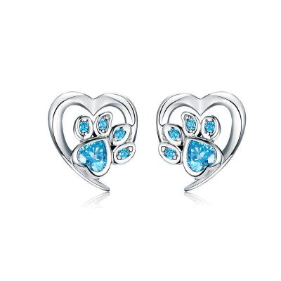 China Vintage Unique Design 925 Sterling Silver Platinum Plated Zicon Studded Earring Puppy Claw Heart Earring Studs For Women for sale