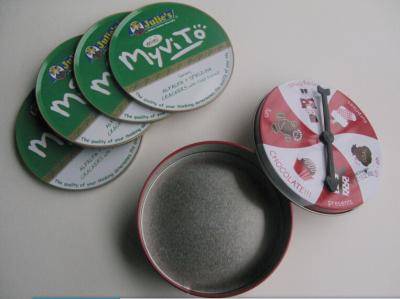 China Widely used round shape tin coaster with cork base set 4  in tin box for sale