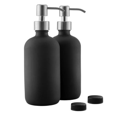 China 16oz Round Black Glass Bottles With Stainless Steel Pumps For Lotion Hand Care Soap Dispensers for sale