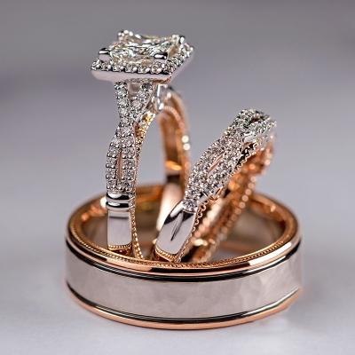 China Luxury TRENDY Ring Square Zircon Wedding Ring Engagement Set of 3pcs Rose Gold Plated Diamond Twist for sale