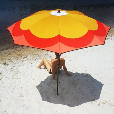 China Country Luxury Connection 1.8m Anti-uv Waterproof Custom Logo Steel Frame Adjustable Tilt Beach Sun Umbrella With Sand Anchor for sale