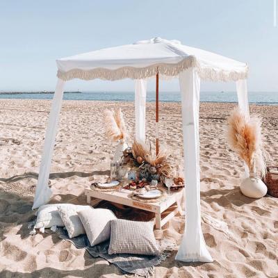 China Contemporary Wholesale boho romantic cabana tassels UV protection white beach cabana shelter square sun shade for sale