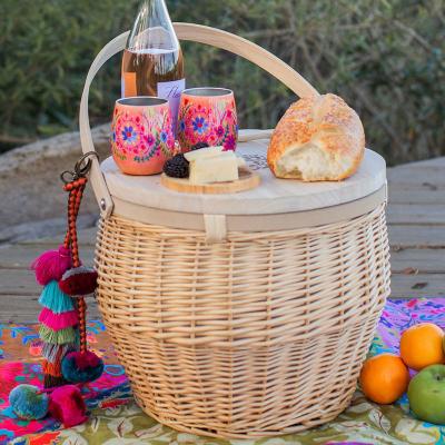 China Insulated Boho outdoor mini wicker picnic basket insulated ice cooler bag beach leisure basket table with wood lid for sale