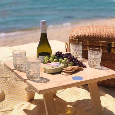 China Midcentury Outdoor Folding Portable Mini Picnic Rack Wine Table Foldable Bamboo Wooden Snack Beach Table with Wine Bottle and Glass Holder for sale