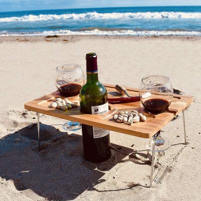 China Midcentury Outdoor Luxury Park Low Picnic Rack Wine Table Folding Portable Lightweight Bamboo Wine Glass Holder Tray Wooden Beach Table for sale