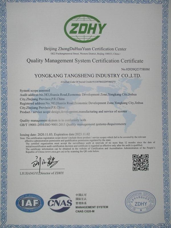 ISO9001 - Yongkang Tangsheng Industry Co., Ltd.