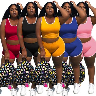 China Fat Women Solid Color Breathable Vest Sports Casual Shorts Plus Size 2 Piece Set for sale