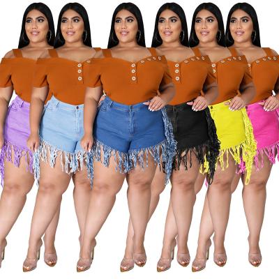 China Breathable Casual Straight Pants Ripped Tassel Swept Plus Size Clothing Womens Denim Shorts for sale