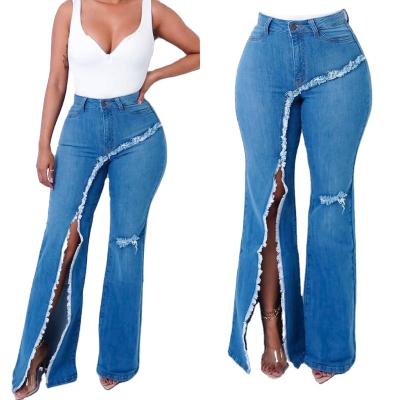 China QUICK DRY blue high waist stretch ripped flared pants women pants women jeans for sale