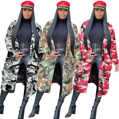 China Breathable Camouflage Printing Womens Mid Length Trench Coat Long Coat For Women for sale