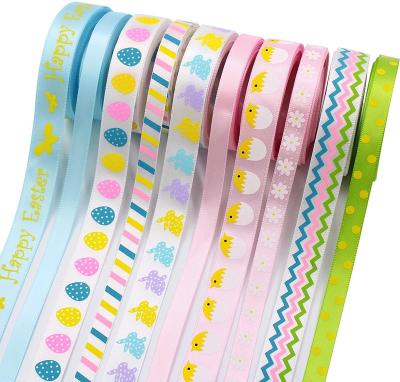 China Easter Day Spring Bunny Egg Stripe Custom Printed Pastel Solid Satin Ribbon For Hairbow Craft for sale