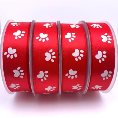 China Fashion red high quality wholesale gift dogs foot print custom logo custom silk satin red ribbon for sale