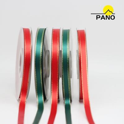 China Custom 9mm Double Xmas Glitter Gold Metallic Green Red Silk Silver Edge Christmas Satin Ribbon For Gift Wrapping for sale