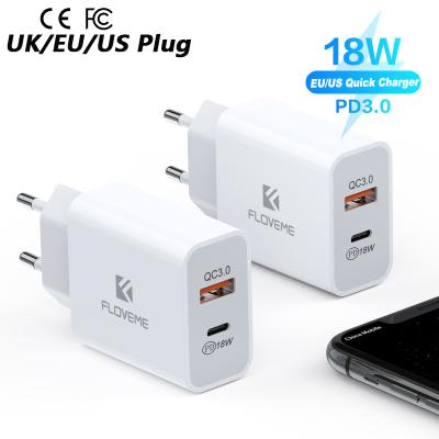 China 18W PD QC3.0 Charger DHL 1 Sample OK CE FCC Phone Accessories FLOVEME EU USA UK 18W PD Mobile Phone Wall Charger Fast Travel Adapter for sale