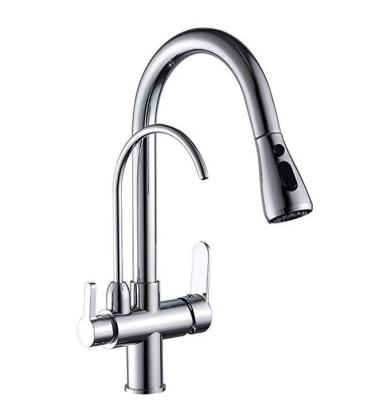 China Pull Out Dual Spray Handle 3 Way Water Filter Kitchen Faucet Pull Down Drinking Faucet Chrome Water Purifier Brass Faucets for sale