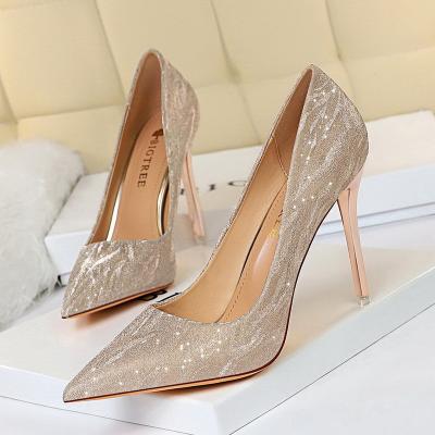 China Weddi single LEAVES of heel shoes European and American women's shoes high heels high heel point nightclub thin sexy shallow thin glitter for sale