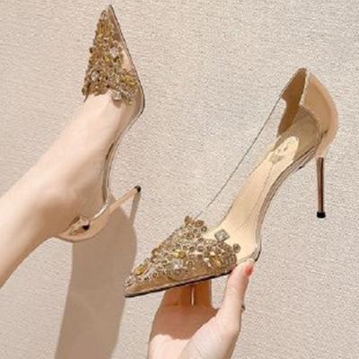 China Luxury EVERGREEN LEAF Rhinestone High Heels Shoes For Women High Quality Thin Sandals PVC 8cm Formal Shoes High Heel For Women 2022 for sale