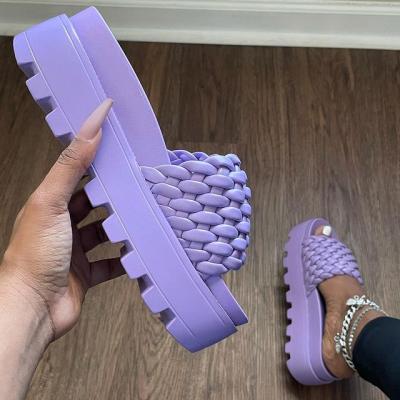 China Fashion Trend New Summer Solid Color Height Increasing Women Sandal Fashion Platform Woven Slippers for sale