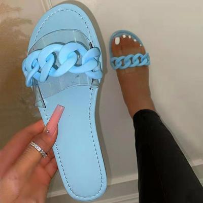 China 2022 Clear Custom Sky Blue Summer Chain Sandal Slipper Designer Lightweight PU Leather Slippers For Ladies for sale