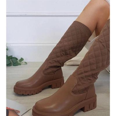 China 2021 Plus Size Lit Chunky Heel Knitting Platform Goth Shoes New Arrival Combat Women's Knee Boots for sale