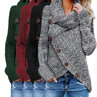 China Custom Turtle Neck Women's Anti-wrinkle Ladies Heather Gray Long Sleeve Buttoned Wrap Cardigan Winter Sweaters for sale