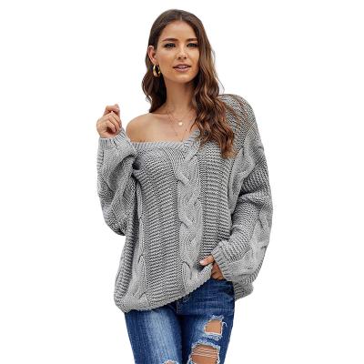 China Spitzen Fashion Anti-Shrink Women Long Sleeve Full Bubble Gum V-Neck Braided Knit Sweaters for sale