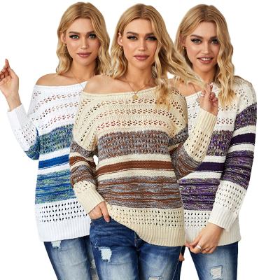 China Wholesale Anti-Shrink Kazak Chompa Knitted Loose Round Neck Top Day Stripe Sweaters Woman Pullover Sweater for sale